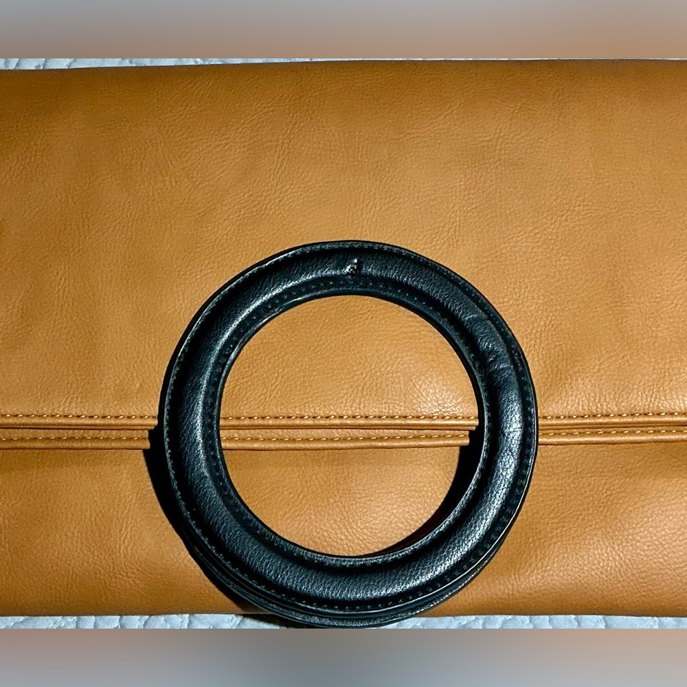 Anthropologie Camel Tan Clutch with Black Ring Handle - Picture 3 of 12